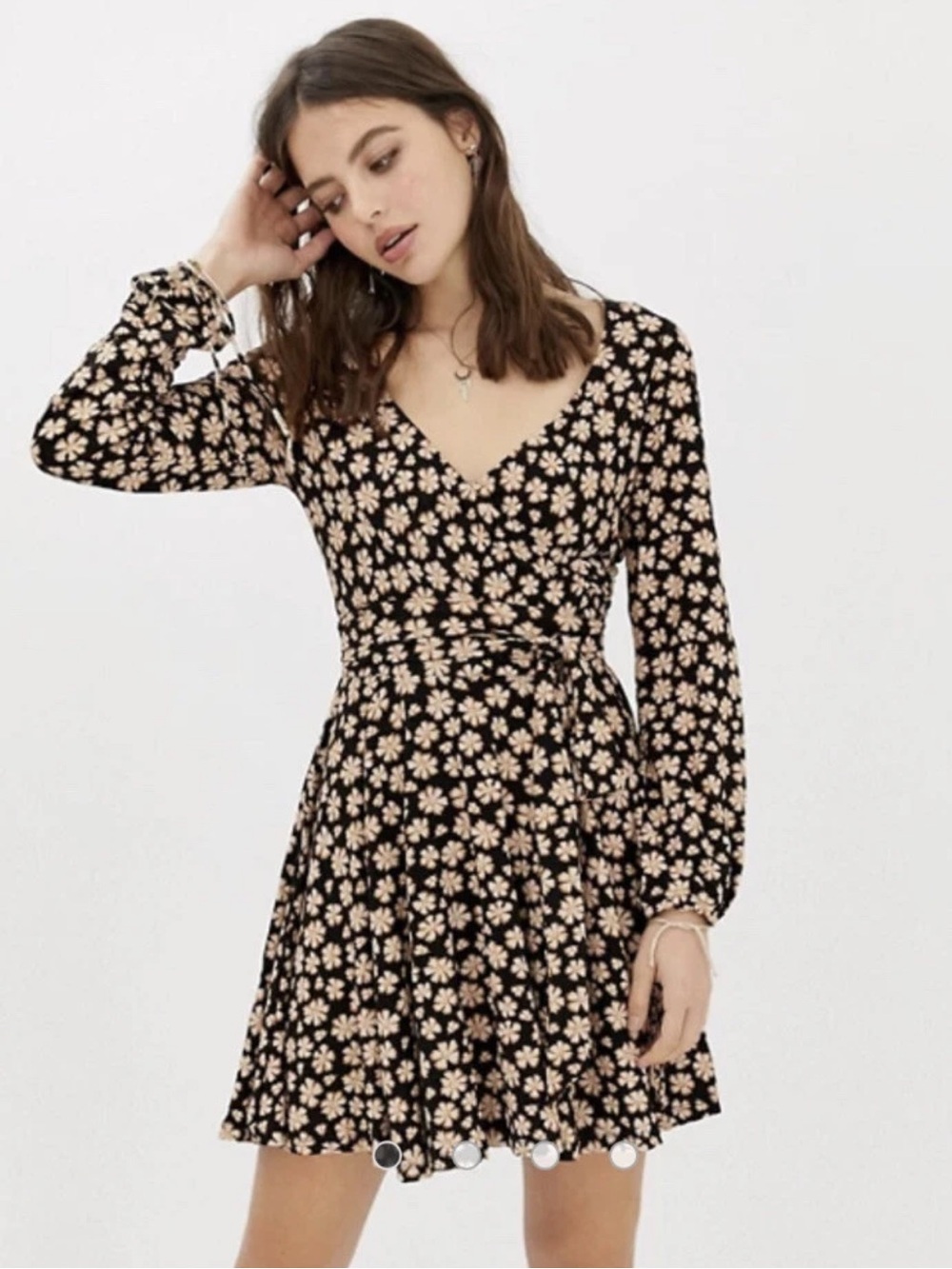 Free People Sz Md Pradera Floral Print Faux Wrap Short Dress Tie Sleeve Stretch